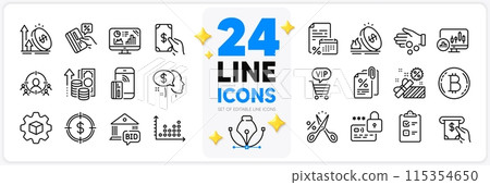 Icons set of Credit card, Bid offer and Business targeting line icons pack for app with Gas price, Tax documents, Product development thin outline icon. Donation money, Inflation. Vector Icons set of Credit card, Bid offer and Business targeting line icons pack for app with Gas price, Tax documents, Product development thin outline icon. Donation money, Inflation. Vector 115354650