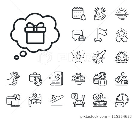 Present box in Comic speech bubble sign. Plane jet, travel map and baggage claim outline icons. Dreaming of Gift line icon. Birthday Shopping symbol. Package in Gift Wrap. Gift dream line sign. Vector 115354653