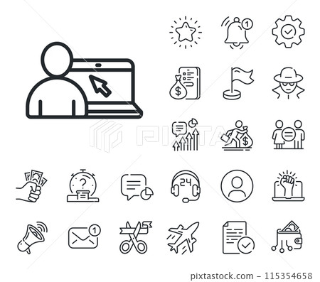 Notebook or Laptop with mouse cursor sign. Salaryman, gender equality and alert bell outline icons. Online Education line icon. Internet Lectures symbol. Online Education line sign. Vector Notebook or Laptop with mouse cursor sign. Salaryman, gender equality and alert bell outline icons. Online Education line icon. Internet Lectures symbol. Online Education line sign. Vector 115354658