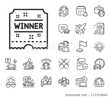 Amusement park award sign. Plane jet, travel map and baggage claim outline icons. Winner ticket line icon. Winner ticket line sign. Car rental, taxi transport icon. Place location. Vector 115354668