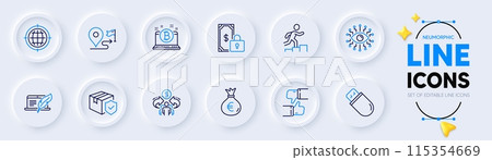 Like, Leader run and Journey line icons for web app. Pack of Bitcoin, Usb stick, Copyright laptop pictogram icons. Sharing economy, Money bag, Artificial intelligence signs. Neumorphic buttons. Vector Like, Leader run and Journey line icons for web app. Pack of Bitcoin, Usb stick, Copyright laptop pictogram icons. Sharing economy, Money bag, Artificial intelligence signs. Neumorphic buttons. Vector 115354669