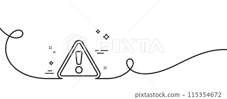 Warning line icon. Continuous one line with curl. Attention triangle sign. Caution alert symbol. Warning single outline ribbon. Loop curve pattern. Vector Warning line icon. Continuous one line with curl. Attention triangle sign. Caution alert symbol. Warning single outline ribbon. Loop curve pattern. Vector 115354672