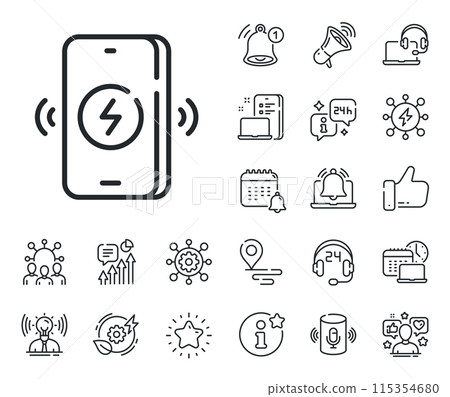 Charge phone sign. Place location, technology and smart speaker outline icons. Wireless charging line icon. Mobile accessories symbol. Wireless charging line sign. Vector Charge phone sign. Place location, technology and smart speaker outline icons. Wireless charging line icon. Mobile accessories symbol. Wireless charging line sign. Vector 115354680