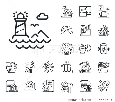 Beacon tower sign. Floor plan, stairs and lounge room outline icons. Lighthouse line icon. Searchlight building symbol. Lighthouse line sign. House mortgage, sell building icon. Real estate. Vector 115354683