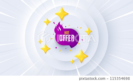 Hot offer banner. Neumorphic offer 3d banner, coupon. Discount sticker shape. Coupon tag icon. Hot offer promo event background. Sunburst banner, flyer or poster. Vector Hot offer banner. Neumorphic offer 3d banner, coupon. Discount sticker shape. Coupon tag icon. Hot offer promo event background. Sunburst banner, flyer or poster. Vector 115354698