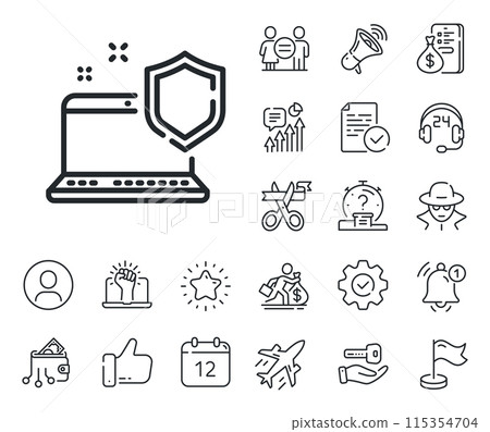 Laptop privacy sign. Salaryman, gender equality and alert bell outline icons. Computer security line icon. Online safe defense symbol. Computer security line sign. Vector Laptop privacy sign. Salaryman, gender equality and alert bell outline icons. Computer security line icon. Online safe defense symbol. Computer security line sign. Vector 115354704