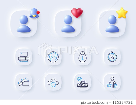 Travel compass, World planet and Buyer line icons. Placeholder with 3d bell, star, heart. Pack of Opened gift, Cloud sync, Tv stand icon. Cardio bike, Scroll down pictogram. Vector 115354721