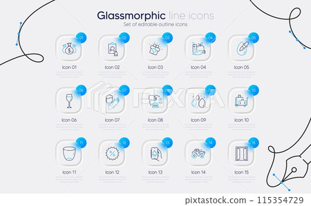 Set of Open door, Juice and Inspect line icons for web app. Blood, Eye drops, Water drop icons. Glass, Love gift, Luggage trolley signs. Tractor, Bell alert, Supply chain. Wine glass. Vector 115354729