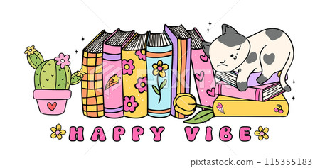 Cozy Book Vibe Retro Groovy Cat sleeping on books banner vibrant and bold cartoon doodle drawing. Cozy Book Vibe Retro Groovy Cat sleeping on books banner vibrant and bold cartoon doodle drawing. 115355183