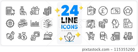 Icons set of Calculator target, Loyalty star and Calculator alarm line icons pack for app with Card, Stress, Wallet thin outline icon. Money tax, Money diagram, Coins pictogram. Vector 115355200