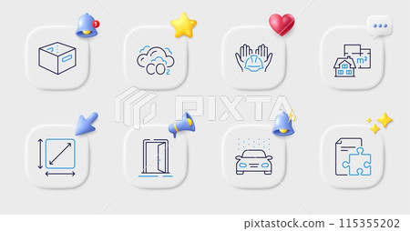 Square area, Open door and Office box line icons. Buttons with 3d bell, chat speech, cursor. Pack of Co2, Car wash, Floor plan icon. Builders union, Strategy pictogram. For web app, printing. Vector 115355202