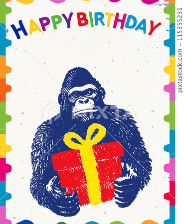 Surreal birthday card illustration of a gorilla Surreal birthday card illustration of a gorilla 115355231