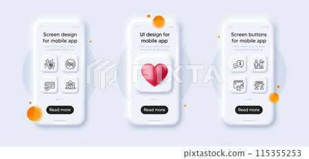 Difficult stress, Wallet and Stop stress line icons pack. 3d phone mockups with heart. Glass smartphone screen. Payment received, Teamwork, Payment methods web icon. Fraud pictogram. Vector Difficult stress, Wallet and Stop stress line icons pack. 3d phone mockups with heart. Glass smartphone screen. Payment received, Teamwork, Payment methods web icon. Fraud pictogram. Vector 115355253