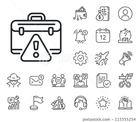 Attention triangle sign. Salaryman, gender equality and alert bell outline icons. Warning briefcase line icon. Caution diplomat symbol. Warning briefcase line sign. Vector Attention triangle sign. Salaryman, gender equality and alert bell outline icons. Warning briefcase line icon. Caution diplomat symbol. Warning briefcase line sign. Vector 115355254