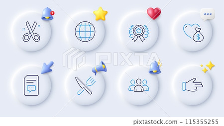 Click hand, Food and Globe line icons. Buttons with 3d bell, chat speech, cursor. Pack of Comments, Winner ribbon, Cut icon. Donation, Group pictogram. For web app, printing. Vector 115355255