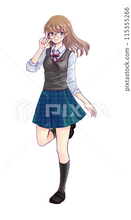Illustration of a high school girl wearing glasses facing left 115355266