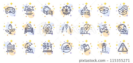 Outline set of Airplane travel, Ship travel and Delivery cart line icons for web app. Include Inventory cart, Warning, Car pictogram icons. International delivery, Charging station. Vector Outline set of Airplane travel, Ship travel and Delivery cart line icons for web app. Include Inventory cart, Warning, Car pictogram icons. International delivery, Charging station. Vector 115355271