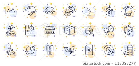 Outline set of Diagram, Card and Collagen skin line icons for web app. Include Disability, Risk management, Flexible mattress pictogram icons. Bell alert, Internet, Package signs. Vector Outline set of Diagram, Card and Collagen skin line icons for web app. Include Disability, Risk management, Flexible mattress pictogram icons. Bell alert, Internet, Package signs. Vector 115355277