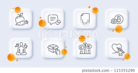 Apple carrot, Social care and Recovery file line icons pack. 3d glass buttons with blurred circles. Hold box, Refresh bitcoin, Yoga music web icon. Statistic, Currency rate pictogram. Vector Apple carrot, Social care and Recovery file line icons pack. 3d glass buttons with blurred circles. Hold box, Refresh bitcoin, Yoga music web icon. Statistic, Currency rate pictogram. Vector 115355290