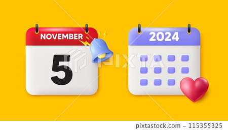 Calendar date 3d icon. 5th day of the month icon. Event schedule date. Meeting appointment time. 5th day of November month. Calendar event reminder date. Vector Calendar date 3d icon. 5th day of the month icon. Event schedule date. Meeting appointment time. 5th day of November month. Calendar event reminder date. Vector 115355325