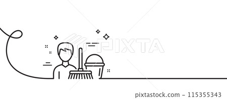 Cleaning service line icon. Continuous one line with curl. Bucket with mop symbol. Washing Housekeeping equipment sign. Cleaning service single outline ribbon. Loop curve pattern. Vector 115355343
