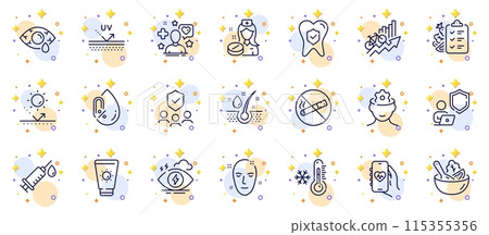 Outline set of Health app, No alcohol and Diet menu line icons for web app. Include Serum oil, Stress, Health skin pictogram icons. Low thermometer, Medical syringe, Patient signs. Vector 115355356