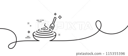 Pasta dish line icon. Continuous one line with curl. Plate with macaroni sign. Food bowl with fork symbol. Pasta dish single outline ribbon. Loop curve pattern. Vector Pasta dish line icon. Continuous one line with curl. Plate with macaroni sign. Food bowl with fork symbol. Pasta dish single outline ribbon. Loop curve pattern. Vector 115355396
