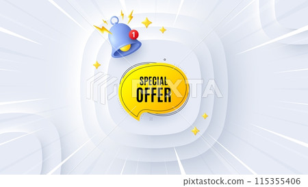 Special offer bubble sticker. Neumorphic offer 3d banner, poster. Discount banner shape. Sale coupon chat icon. Special offer promo event background. Sunburst banner, flyer or coupon. Vector 115355406