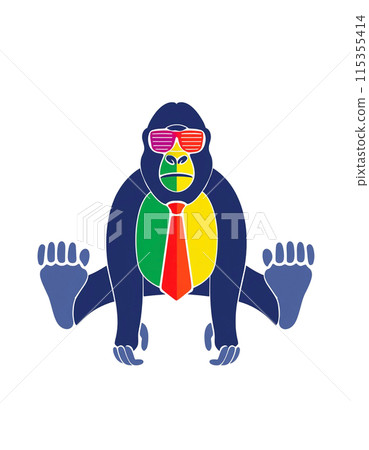 Illustration of a funky gorilla wearing sunglasses and a tie, cut out on white background Illustration of a funky gorilla wearing sunglasses and a tie, cut out on white background 115355414