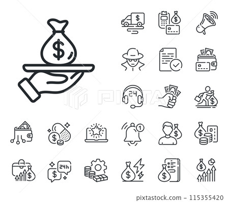 Business mortgage sign. Cash money, loan and mortgage outline icons. Loan line icon. Money bag on plate symbol. Loan line sign. Credit card, crypto wallet icon. Inflation, job salary. Vector 115355420