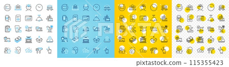 Vector icons set of View document, Send box and Work home line icons pack for web with Ceiling lamp, Sunscreen, Online access outline icon. Teamwork, Online survey, Alcohol addiction pictogram. Vector 115355423