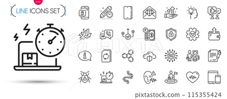 Pack of Voice wave, Cloud protection and Puzzle line icons. Include Delivery online, Money profit, Cogwheel pictogram icons. Pin marker, Shield, Parking payment signs. Phone. Vector 115355424