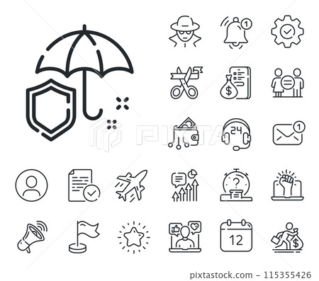 Rain defence sign. Salaryman, gender equality and alert bell outline icons. Umbrella line icon. Safe insurance symbol. Umbrella line sign. Spy or profile placeholder icon. Vector Rain defence sign. Salaryman, gender equality and alert bell outline icons. Umbrella line icon. Safe insurance symbol. Umbrella line sign. Spy or profile placeholder icon. Vector 115355426