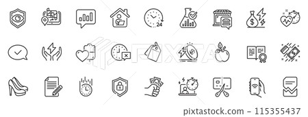 Icons pack as Shield, Chemistry lab and Energy price line icons for app include Bankrupt, Time, Analytical chat outline thin icon web set. Payment, Blood, Gps pictogram. Article, Fraud. Vector 115355437