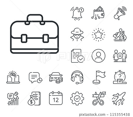 Portfolio symbol. Salaryman, gender equality and alert bell outline icons. Business case line icon. Diplomat sign. Portfolio line sign. Spy or profile placeholder icon. Online support, strike. Vector 115355438