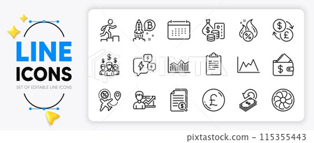 Calendar, Wallet and Money diagram line icons set for app include Hot loan, Leader run, Bitcoin project outline thin icon. Pound money, Flight sale, Cashback pictogram icon. Vector Calendar, Wallet and Money diagram line icons set for app include Hot loan, Leader run, Bitcoin project outline thin icon. Pound money, Flight sale, Cashback pictogram icon. Vector 115355443