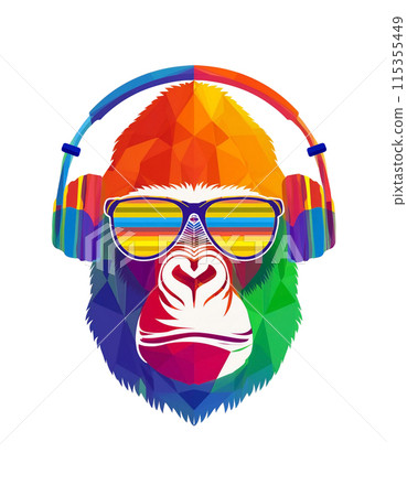 Colorful and funky illustration of a gorilla wearing sunglasses and headphones, cut out on white background Colorful and funky illustration of a gorilla wearing sunglasses and headphones, cut out on white background 115355449