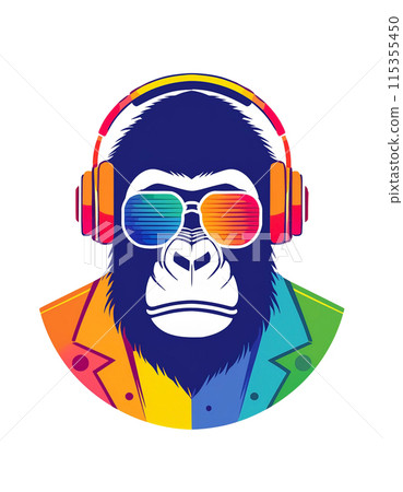 Colorful and funky illustration of a gorilla wearing sunglasses and headphones, cut out on white background Colorful and funky illustration of a gorilla wearing sunglasses and headphones, cut out on white background 115355450