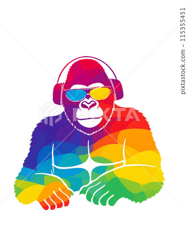 Colorful and funky illustration of a gorilla wearing sunglasses and headphones, cut out on white background Colorful and funky illustration of a gorilla wearing sunglasses and headphones, cut out on white background 115355451