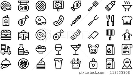 Grill Restaurant Icons collection is a vector illustration with editable stroke. 115355508