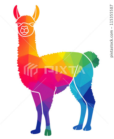 白色背景上彩色羊駝剪影剪影的插圖 白色背景上彩色羊駝剪影剪影的插圖 115355587