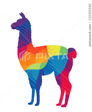 白色背景上彩色羊駝剪影剪影的插圖 白色背景上彩色羊駝剪影剪影的插圖 115355591