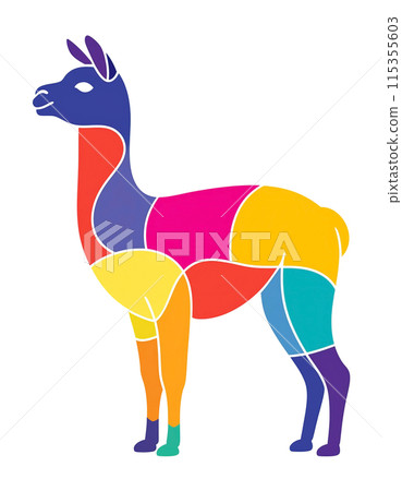 白色背景上彩色羊駝剪影剪影的插圖 白色背景上彩色羊駝剪影剪影的插圖 115355603