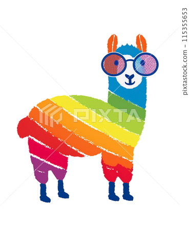 戴著時髦眼鏡的羊駝的彩色剪影的插圖，白色背景上的切口 115355653