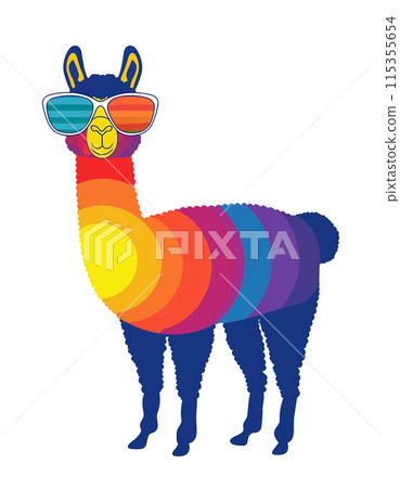 戴著時髦眼鏡的羊駝的彩色剪影的插圖,白色背景上的切口 戴著時髦眼鏡的羊駝的彩色剪影的插圖,白色背景上的切口 115355654