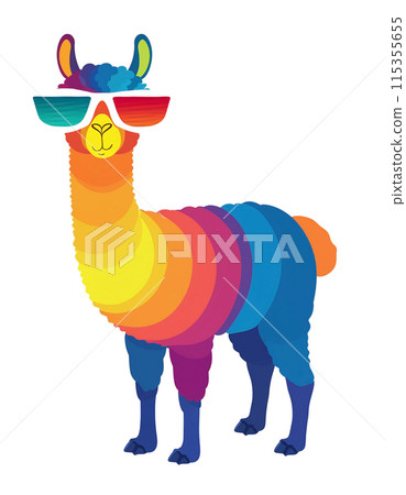 戴著時髦眼鏡的羊駝的彩色剪影的插圖,白色背景上的切口 戴著時髦眼鏡的羊駝的彩色剪影的插圖,白色背景上的切口 115355655