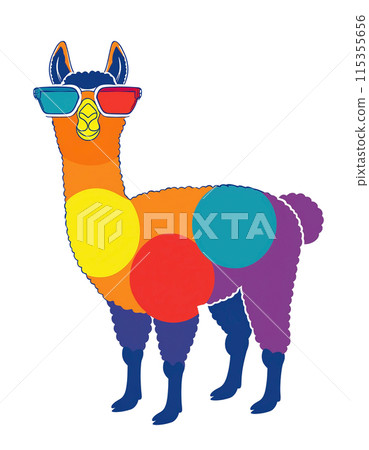 戴著時髦眼鏡的羊駝的彩色剪影的插圖,白色背景上的切口 戴著時髦眼鏡的羊駝的彩色剪影的插圖,白色背景上的切口 115355656