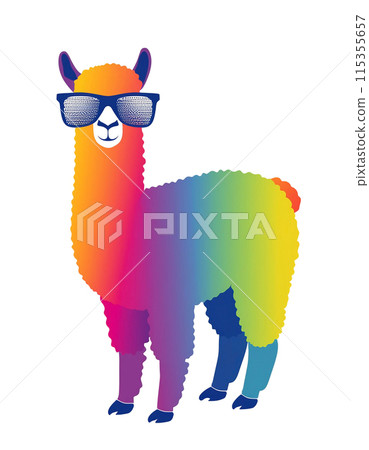 戴著時髦眼鏡的羊駝的彩色剪影的插圖，白色背景上的切口 115355657