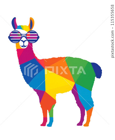 戴著時髦眼鏡的羊駝的彩色剪影的插圖，白色背景上的切口 115355658