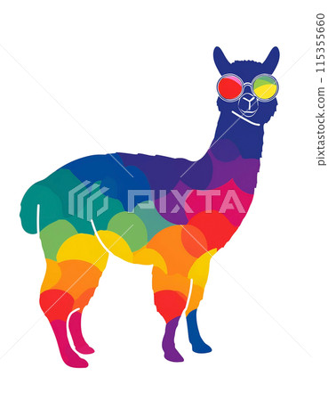 Colorful silhouette illustration of an alpaca wearing funky glasses, cut out on white background 115355660
